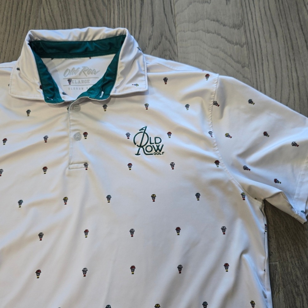 Old Row Golf Mens XL Performance Polo Shirt White Skull Hard Hat Print Logo
